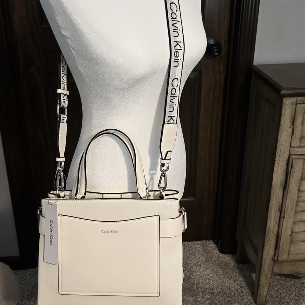 Calvin Klein White Leather Tote with Silver Hardware